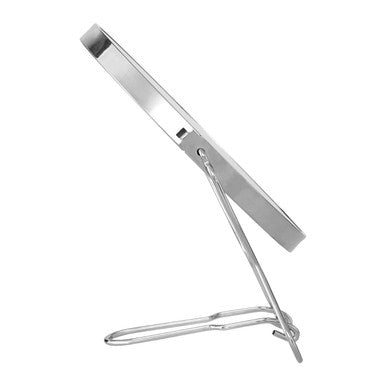 Silver-framed foldable two sided shaving mirror with sleek metallic finish and minimalist stand by mison