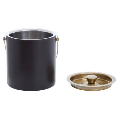 Black cylindrical ice bucket with gold finish brass lid and handles featuring a sleek matte finish for mixology use