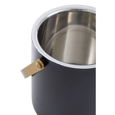 Mixology black and gold finish ice bucket with polished stainless steel interior and gold finish handle for chilling ice