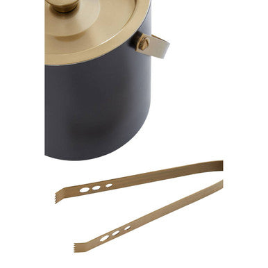 Black cylindrical ice bucket with gold finish lid and handle plus matching gold finish ice tongs for mixology use