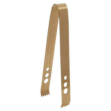 Gold finish metal tongs with polished holes designed for use with the mixology black and gold finish ice bucket