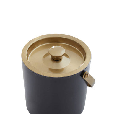 Navy blue mixology ice bucket with gold finish lid and handle featuring sleek metallic gold finish ice design
