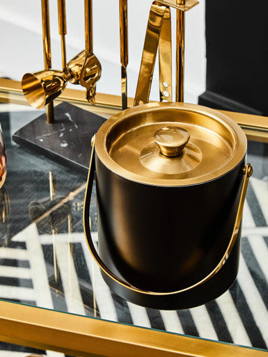 Mixology black and gold finish ice bucket with gold finish polished metallic lid handle and rim for stylish chilling