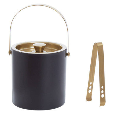Black ice bucket with gold finish handle lid and matching tongs perfect for stylish gold finish ice serving