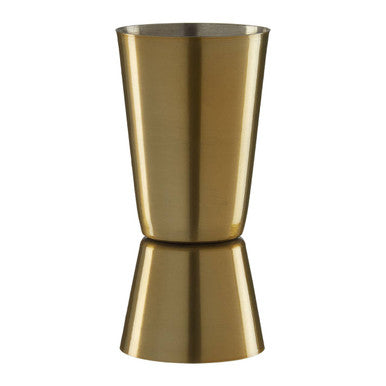 A mixology gold double metal jigger in gold with a sleek reflective finish for precise cocktail measuring