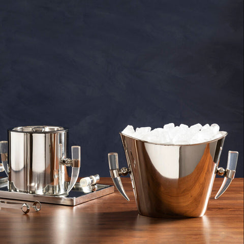 Shiny silver acrylic horn herne wine cooler with curved handles and a sleek modern design for mixology use
