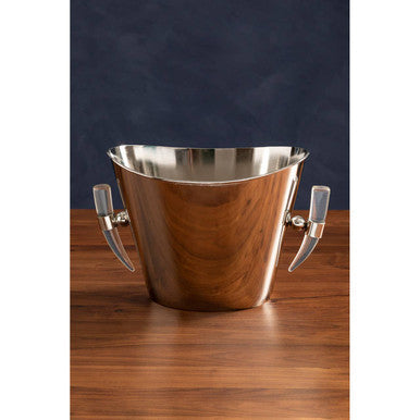 A sleek metallic herne wine cooler with polished copper finish and silver acrylic horn handles perfect for chilling wine
