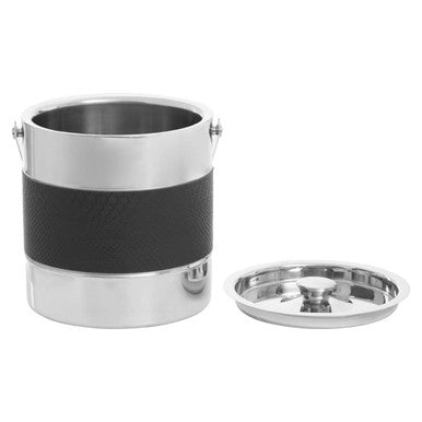 Stainless steel mixology silver ice bucket with black textured grip band and matching silver finish lid