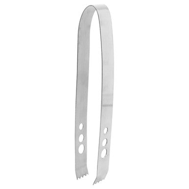Stainless steel ice tongs with silver finish and circular cutouts for mixology silver ice bucket use