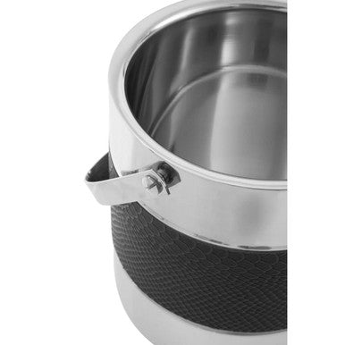 Mixology silver finish ice bucket in stainless steel with black grip band and polished chrome handle for chilling drinks