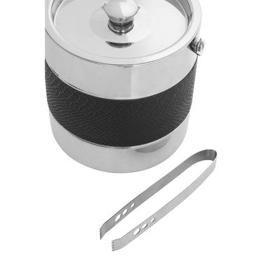 Mixology silver ice bucket with silver finish stainless steel body black textured band and matching tongs