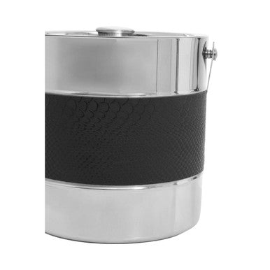 Stainless steel mixology silver ice bucket with silver finish black leather band and silver handle with tongs