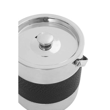 Stainless steel mixology silver finish ice bucket with black grip band and polished lid with central knob