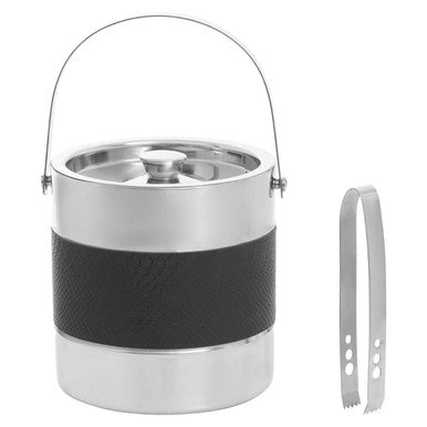 Mixology silver finish ice bucket in stainless steel with black grip band and matching tongs for easy serving
