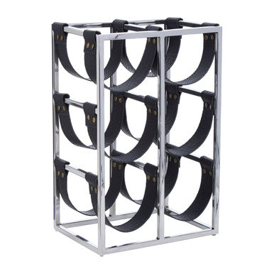 Chrome finished metal wine rack with black sling bands holding six bottles in mixology six bottle silver finish design