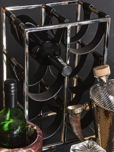 Chrome finished metal mixology six bottle wine rack with black sling bands holding bottles securely in silver finish