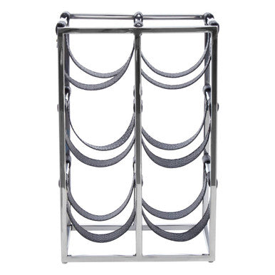Chrome metal wine rack with curved wire mesh sling bands in silver finish for mixology six bottle storage