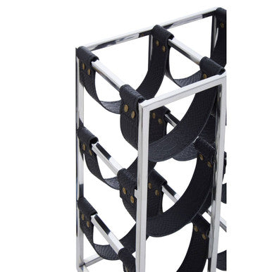 Chrome finished metal mixology six bottle sling wine rack with black leather sling bands and brass rivets in silver finish