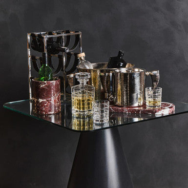 Silver-toned ornate mixology six bottle wine rack with modern geometric sling bands design in silver finish