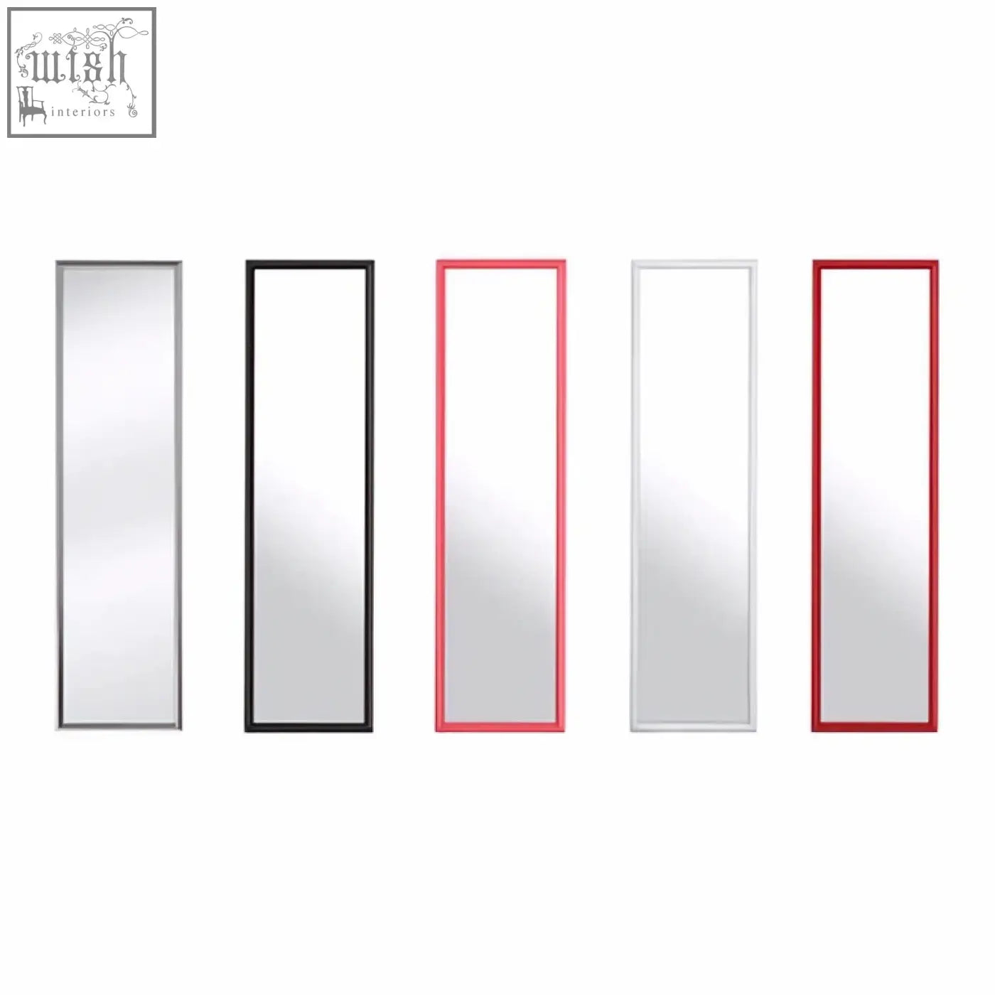 Five tall rectangular mirrors with slim silver black pink white and red frames including mize black plastic frame over door mirror