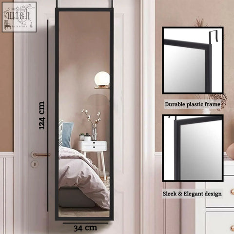 Mize black plastic frame over door mirror with sleek black plastic frame and 124 cm height for hanging use