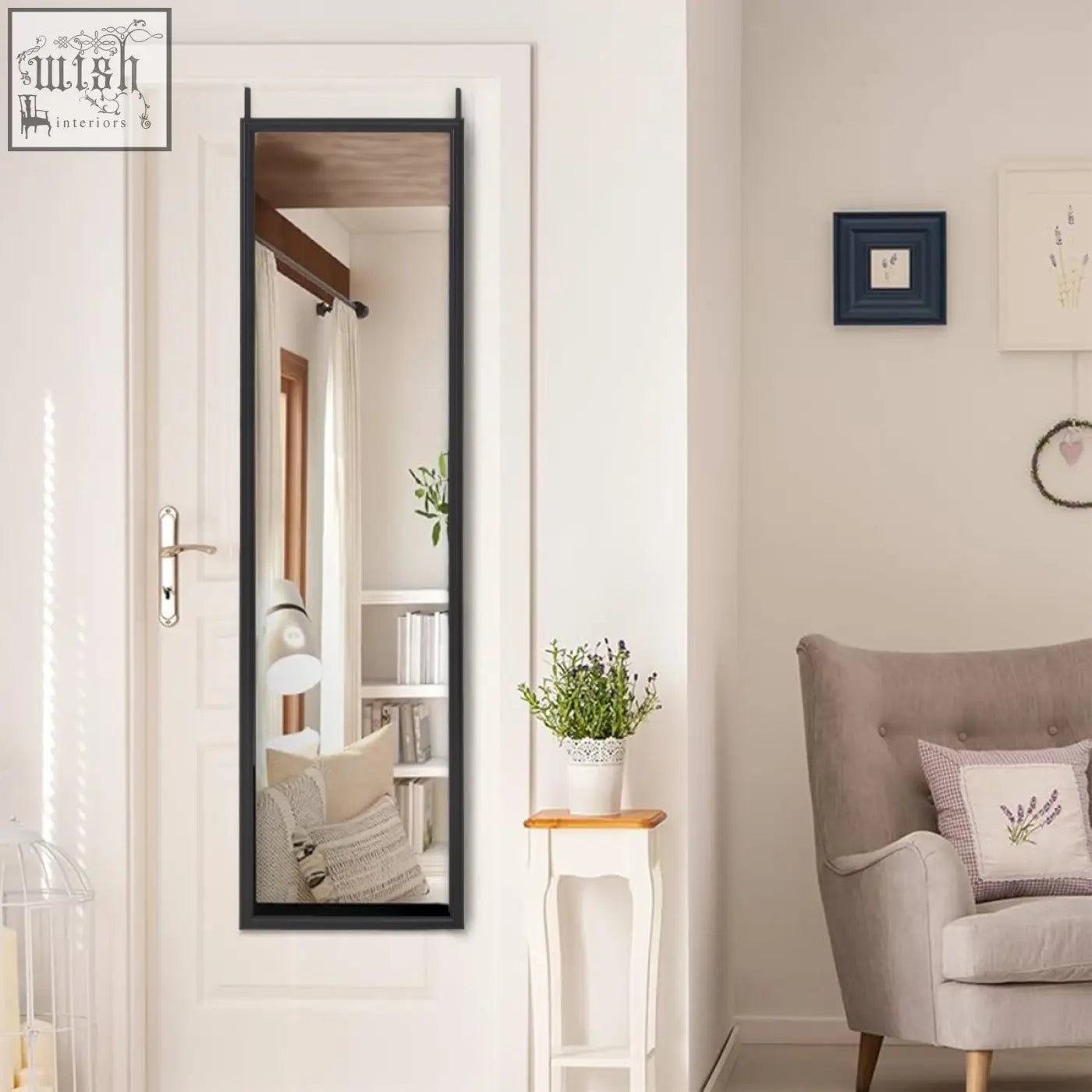 Black plastic frame full-length mize over door mirror with sturdy plastic frame mounted on a door for easy use