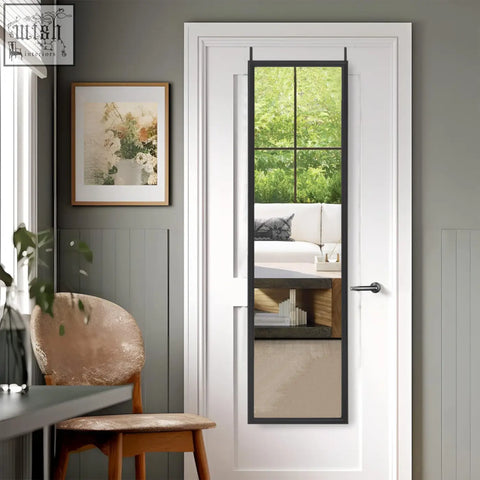 Black plastic frame vertical mirror with grid design hanging on white door mize black plastic frame over door mirror