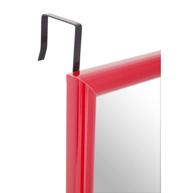 Red-framed mize pink plastic frame over door mirror with black metal hook for easy hanging and stylish use