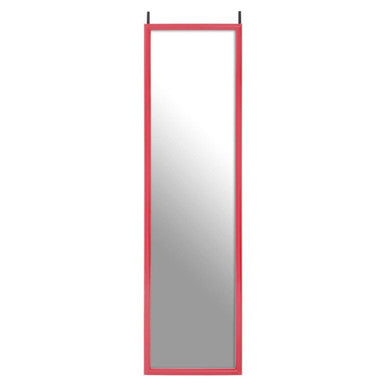 A sleek tall rectangular mize pink plastic frame over door mirror with a vibrant pink plastic frame and minimalist design