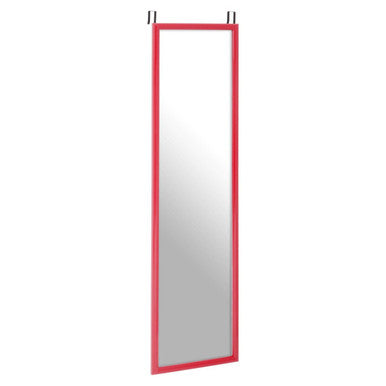 A sleek full-length mize pink plastic frame over door mirror with vibrant red plastic frame and two metallic hooks