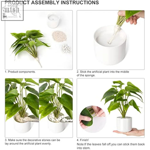 White ceramic pot with a modern white potted plant featuring faux green leaves for indoor desk decor