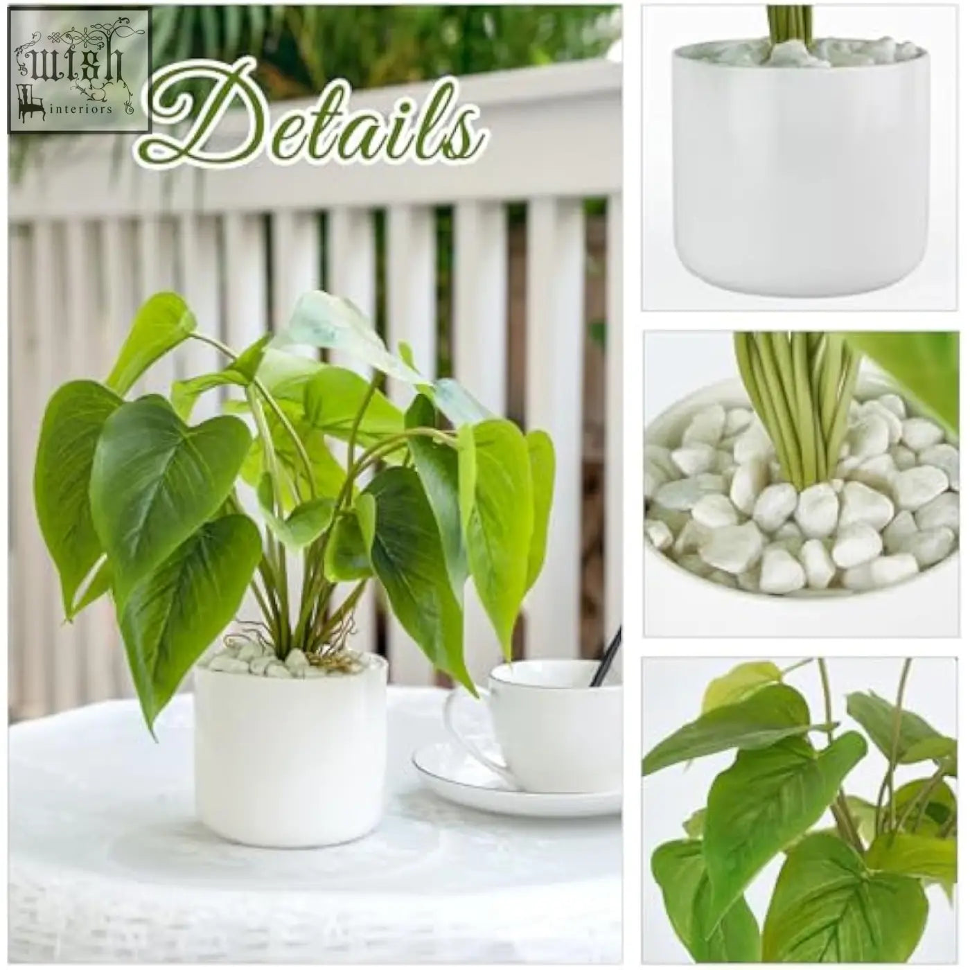 White ceramic pot with lush artificial pothos leaves and white pebbles perfect as a potted plant for indoor decor