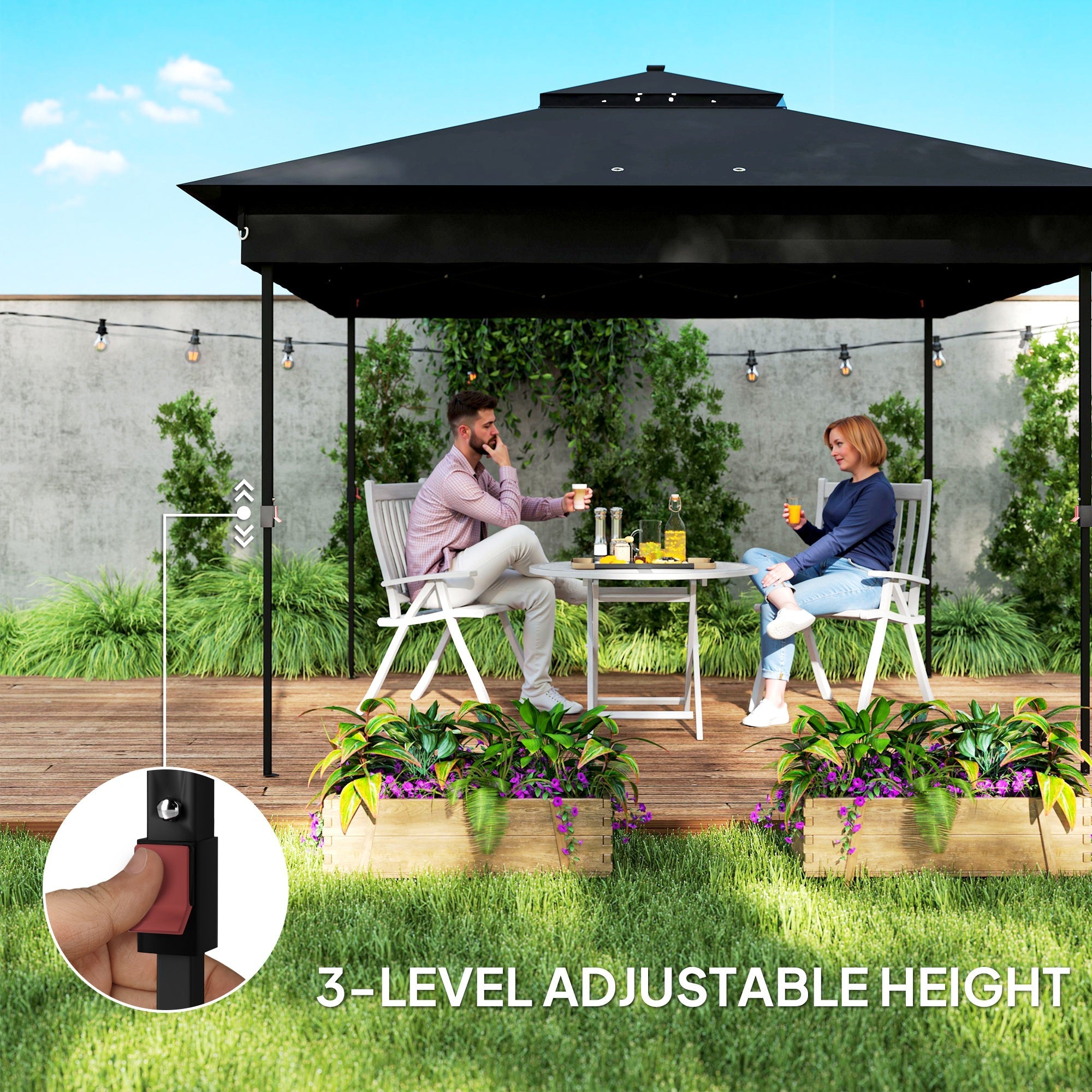 Outsunny 3 x 3(m) Pop Up Gazebo Party Tent with Solar-Powered LED Lights, Adjustable Event Shelter with Netting, Black