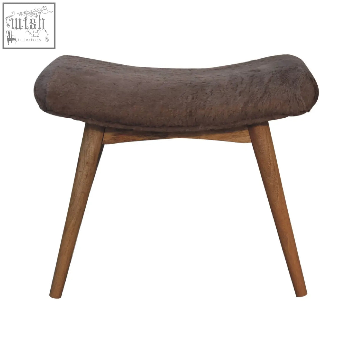 Brown upholstered stool with wooden legs featuring mocha faux fur curved bench design for cozy seating