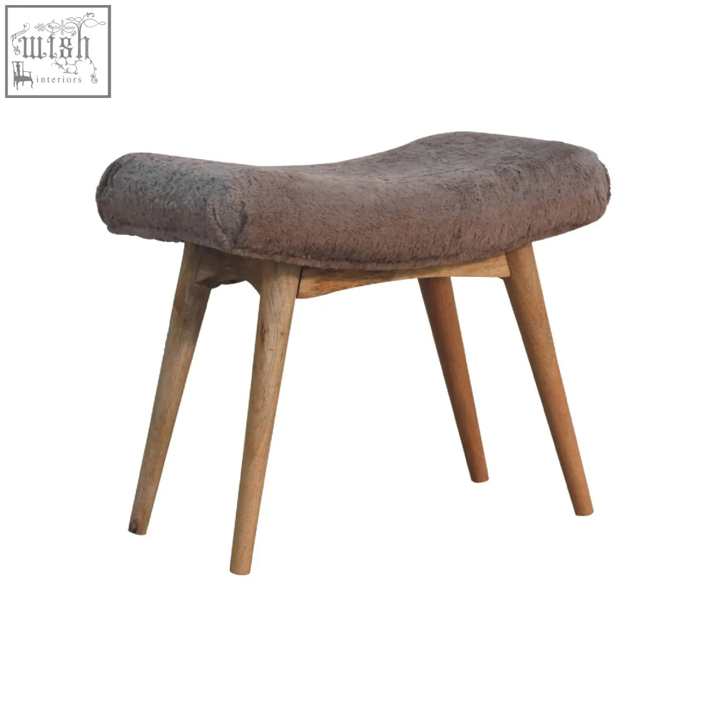 A cozy mid-century modern footstool with mocha faux fur plush seat and slender wooden legs perfect for any room