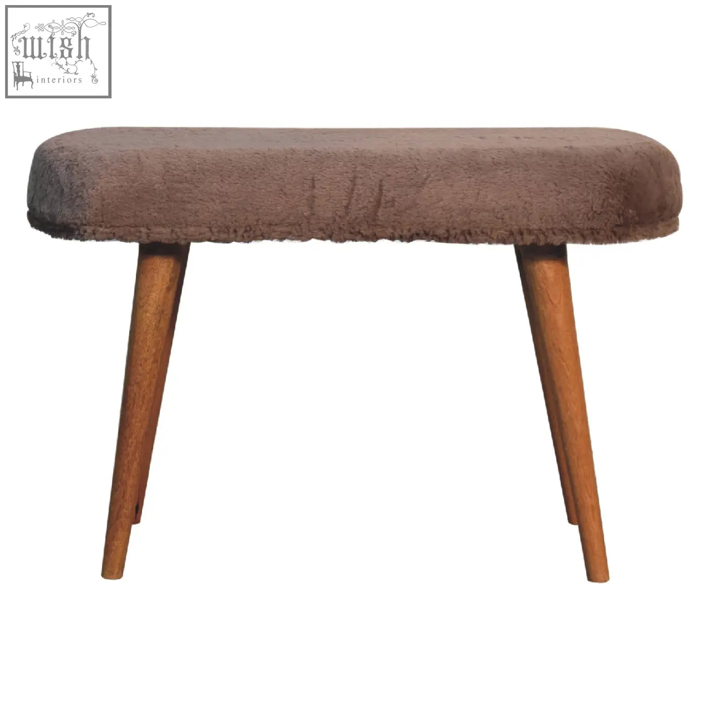 Mocha faux fur fabric bench with brown fuzzy upholstery and tapered wooden legs for cozy seating