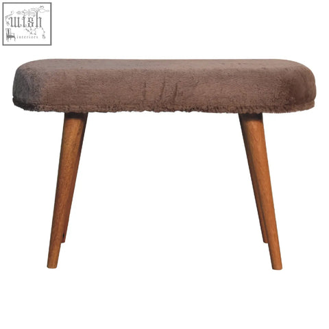 Mocha faux fur fabric bench with brown fuzzy upholstery and tapered wooden legs for cozy seating