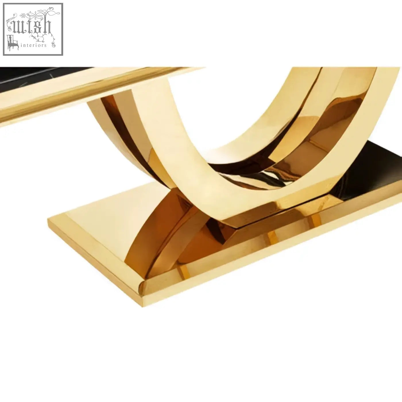 Gold-toned sleek curved metal table base with polished finish for moda black faux marble rectangular dining table