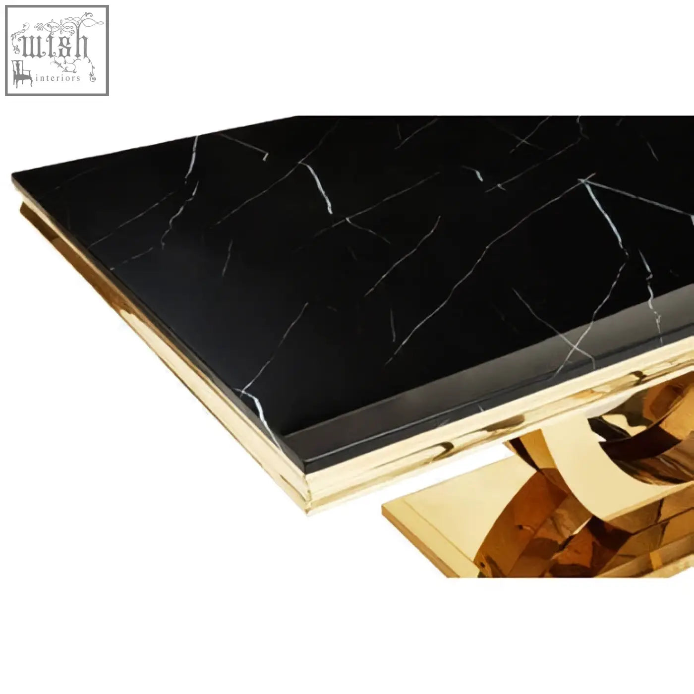Moda black faux marble dining table with rectangular black marble top and gold-finished legs and base