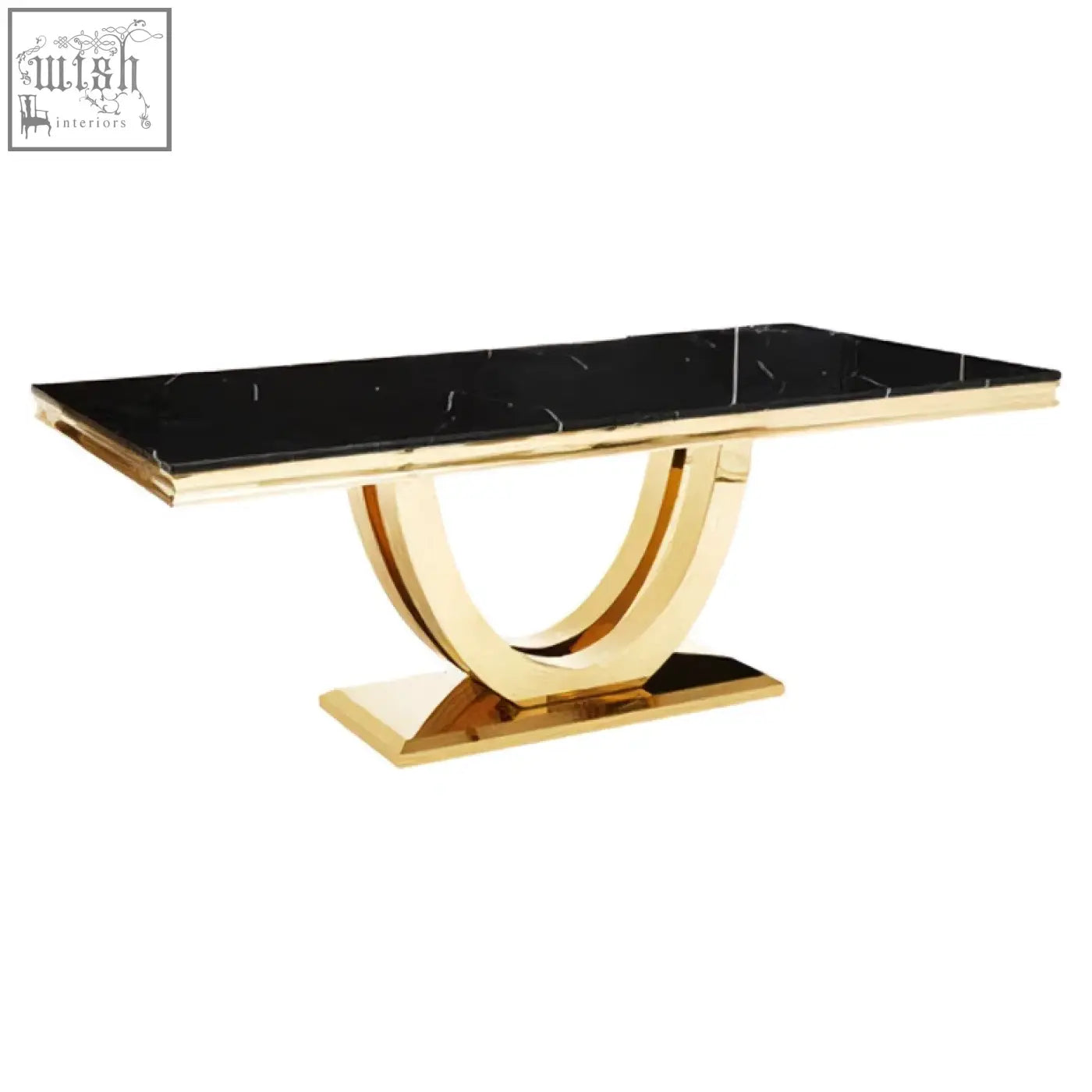 Moda black faux marble dining table with a sleek gold-toned metal base and elegant curved design