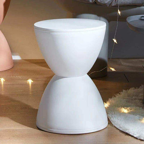 White sleek moda hourglass stools side table with smooth glossy finish and hourglass shaped modern design