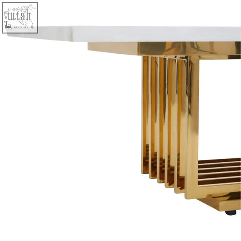 Moda ivory white faux marble coffee table with smooth white marble top and gold-toned metal legs for marble coffee style