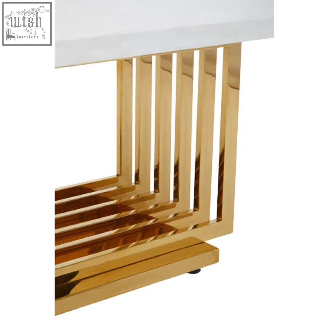 Gold-toned metal marble coffee table with sleek vertical slats and an ivory white faux marble top centerpiece