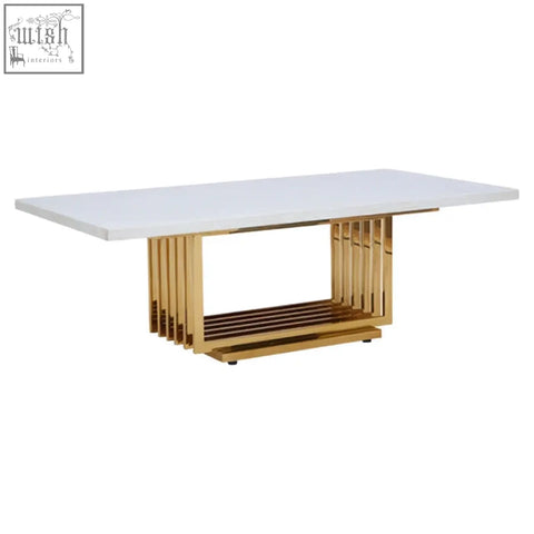 Modern rectangular marble coffee table with white faux marble top and gold finished metal slatted base from moda ivory white