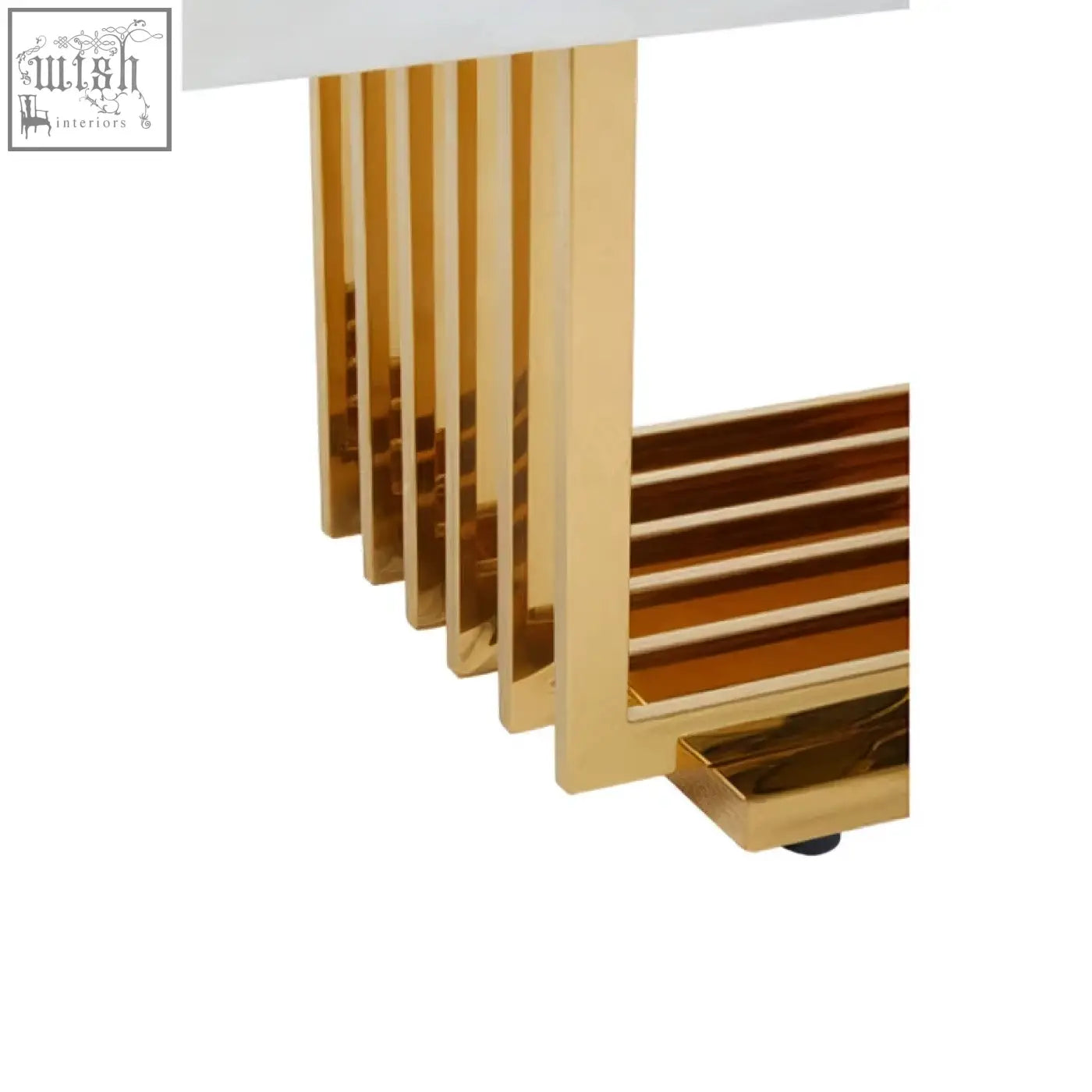 Gold-toned metallic legs with vertical slats of moda ivory white faux marble coffee table frame for marble coffee stylish look