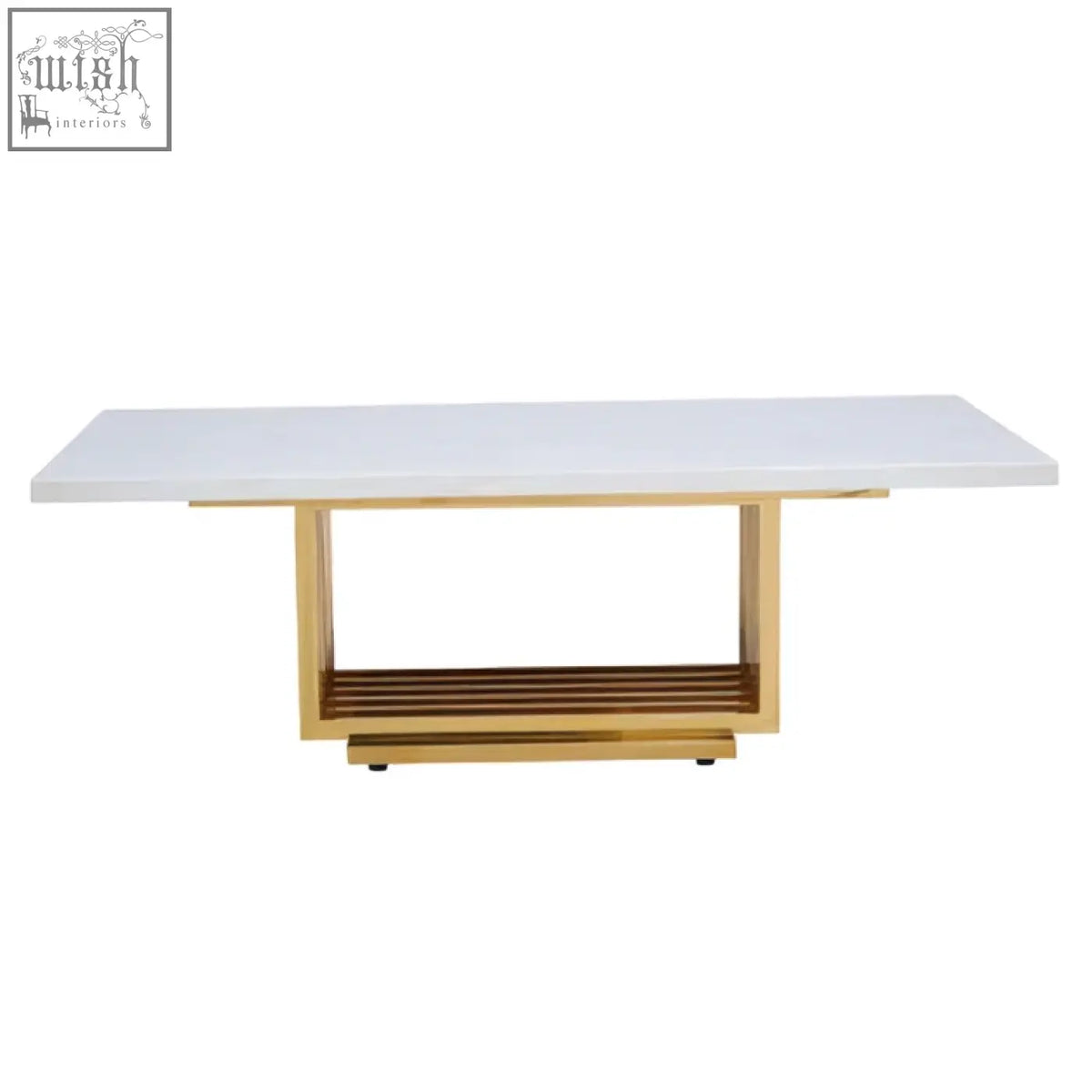 Modern rectangular marble coffee table with glossy ivory white top and gold finished metal frame with open shelf below