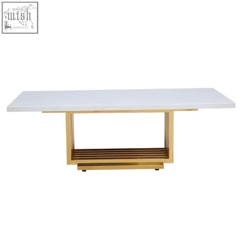 Modern rectangular marble coffee table with glossy ivory white top and gold finished metal frame with open shelf below