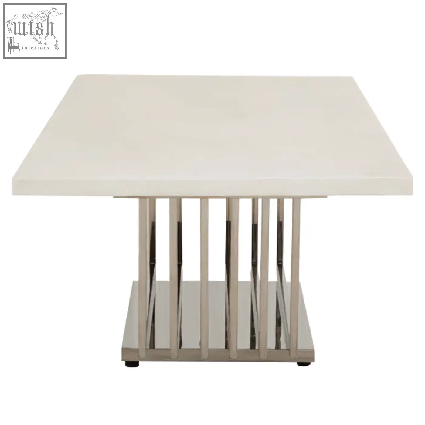 Modern white faux marble coffee table with sleek glossy top and silver finish frame with chrome legs