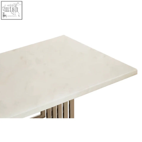 Moda white faux marble coffee table with cream-colored faux marble top and silver finish slender metallic legs