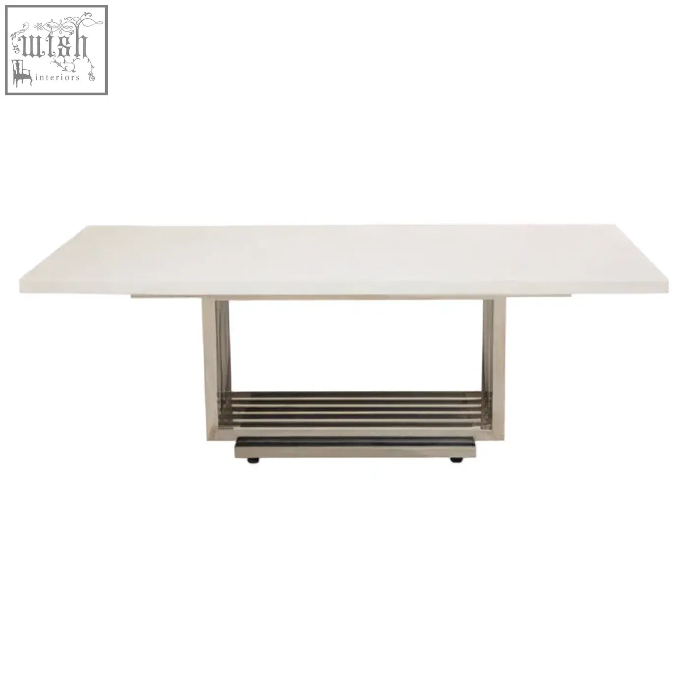 Modern white faux marble coffee table with sleek silver finish frame and lower shelf for stylish living rooms